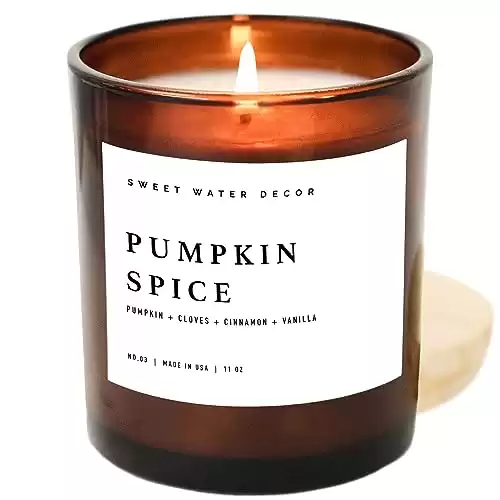 Sweet Water Decor Pumpkin Spice Soy Candle | Pumpkin, Cloves, Buttercream, Cinnamon, Vanilla | Fall Scented Candle for Home | 11oz Amber Jar Candle, 50+ Hour Burn Time, Made in the USA