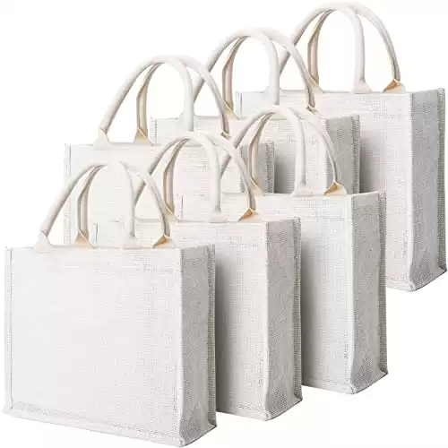 Segarty Tote Bags, 6 Pack Small White Burlap Jute Reusable Canvas Gift Favors Bag with Handles Blank Tote Bulk for Bridesmaid Wedding, Women Market Grocery Shopping, Bachelorette Party, Beach Trip