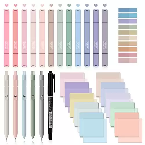 Jutom 29 Pcs Book Annotation Kit Aesthetic Highlighters Gel Pens Set Transparent Sticky Notes Tabs Markers Dual Ended Highlighter Quick Dry Ink Pens for Office School Annotating Books(Classic Color)