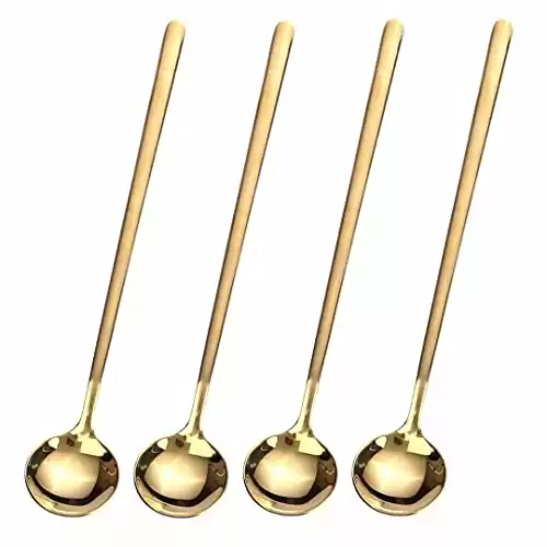 4 PCS 6.7 Inches Coffee Spoons, Stirring Spoons, Tea Spoons Long Handle, Gold Teaspoons, Gold Spoons, Ice Tea Spoons, Long Spoons for Stirring, Gold Espresso Spoons Stainless Steel