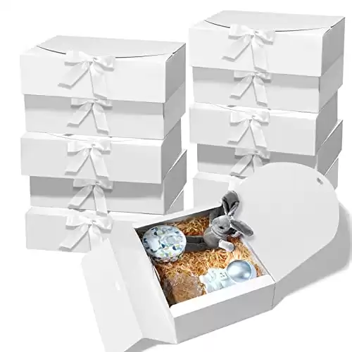 BoShahai 10 PCS Gift Boxes with Lids, 10.6x7.8x3.1 Inch Kraft Paper Gift Box, White with Ribbon, Bridesmaid Proposal Box for Wedding, Packaging, Present, Birthday, Cupcake