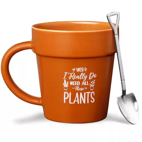 Plant Pot Mug - Plant Lover Mug with Metallic Shovel Ornament - Fancy Plant Lover Gifts for Women, Men - Birthday Gift for Women - Cute Gifts for Mother's Day, Christmas - Plant Gifts for Friends