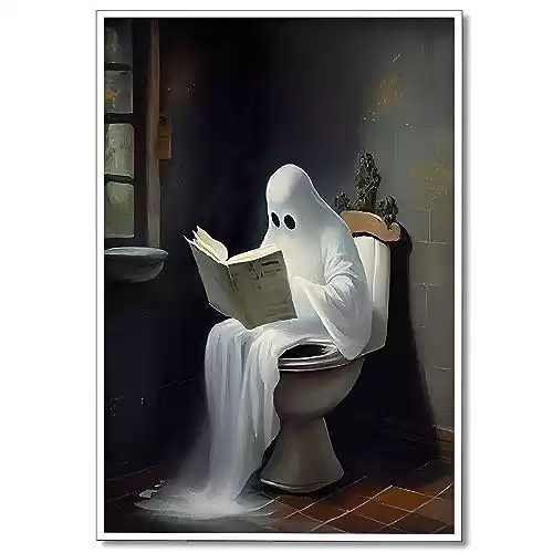 Wodkodnxy Vintage Cute Ghost on Toliet Reading Books Canvas Wall, Art Funny Gothic Aesthetic Posters, Horror Halloween Pictures, Spooky Dark Academia Wall Decor for Washroom bathroom 12x16in Unframed