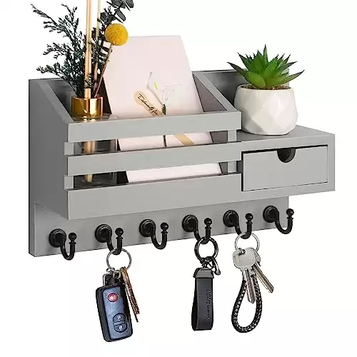 FifthQuarter Key and Mail Holder for Wall, Mail Organizer Wall Mount with 6 Hooks and Storage Drawer, Easy Installation Key Rack for Entryway and Home Decor (A-Grey)