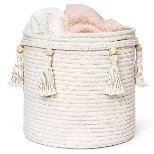 Mkono Macrame Decorative Cotton Rope Basket Boho Cute Woven Tassel Closet Storage Bins Organizer for Nursery,Baby Toys,Magazines, Potted Plants Cover,Living Room,Bedroom,Home Decor 11"x11",S...