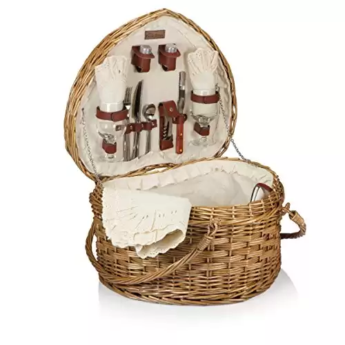 PICNIC TIME Heart Wicker Picnic Basket, 2 Person Set, Couple Gifts, (Antique White)