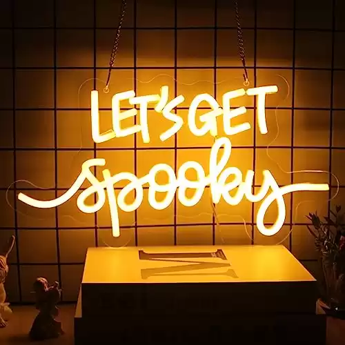 Let's Get Spooky Neon Signs Halloween Neon Sign Yellow Letter LED Neon Light Signs Spooky Neon Wall Sign Quote LED Sign Neon Lights for Wall Bedroom Bar Man Cave Party Halloween Room Decor