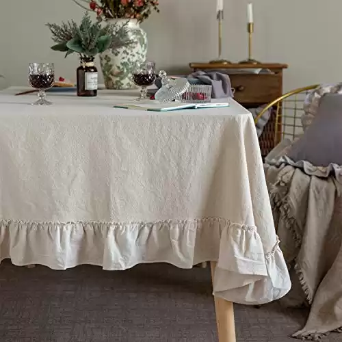 Glory Season Retro Farmhouse Ruffle Tablecloth Cotton Flounces Trim Washable Table Cover Tablecloths for Rectangle Table Baby Shower Kitchen Party Wedding Decor Off-White, 52''x70''...