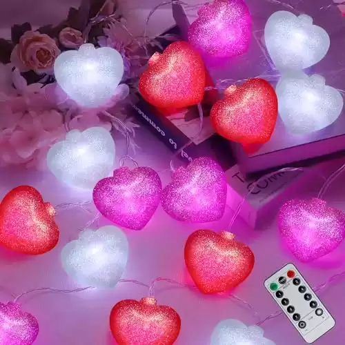 [Timer] Valentines Day Decor 10FT 20 LED Glitter Heart String Lights Battery Operated, Romantic 3D Red Pink White Heart Lights Valentines Decorations for Home Bedroom Indoor Outdoor Wedding Party