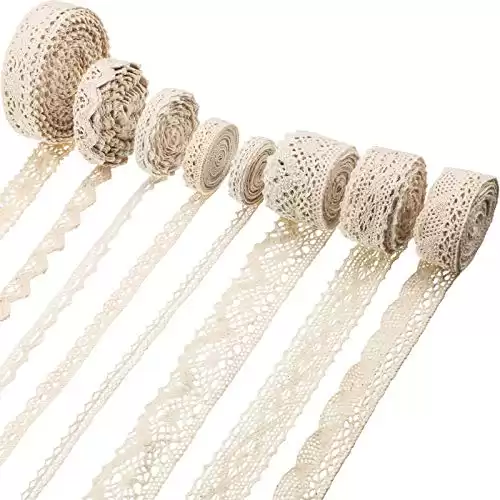 Tatuo 40 Yards Cotton Lace Trim Vintage Lace Ribbon Crochet Cotton Lace Scalloped Edge for Bridal Wedding Decoration Christmas Package DIY Sewing Craft Supply, 5 Yards Each, 8 Styles (Beige)