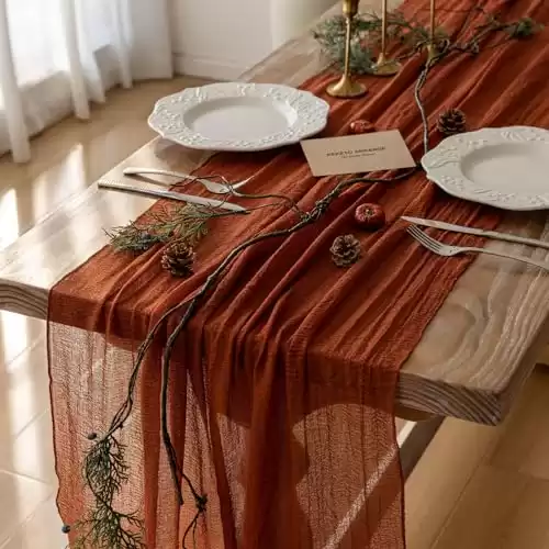 Keketo Fall Table Runner Terracotta Gauze Cheesecloth 120 Inch 10 FT Rustic Burnt Orange Cheese Cloth Table Runner for Wedding Baby Bridal Shower Party Rustic Boho Sheer Centerpiece Home Decorations