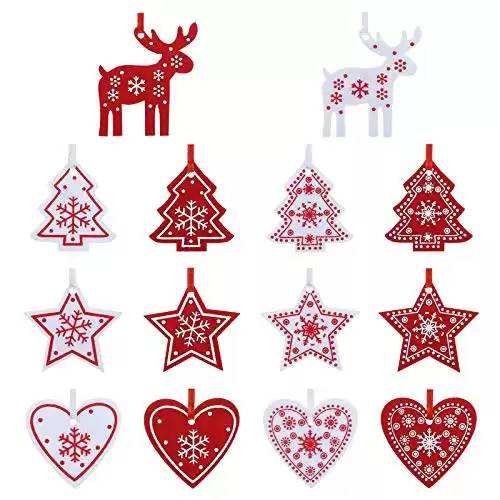 Naler 42 Pieces Christmas Felt Ornament Set - Includes Reindeer, Star, Christmas. Heart - Cute Hanging Ornaments for Christmas Tree Decorations - Red and White