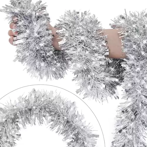 50FT Silver Tinsel Christmas Garland Metallic Twist Shiny Garland for Christmas Tree Decorations, Xmas Holiday Hanging Garland for Home Indoor Outdoor Party Supplies Decor (Silver)