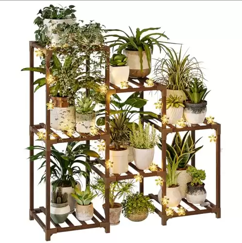 Bamworld Plant Stand Indoor with Flower Fairy Lights Battery Plant Shelf Wood Plant Rack for Multiple Plants 3 Tiers Ladder Plant Holder for 7 Pots for Living Room Home Decor for Gardening Gifts