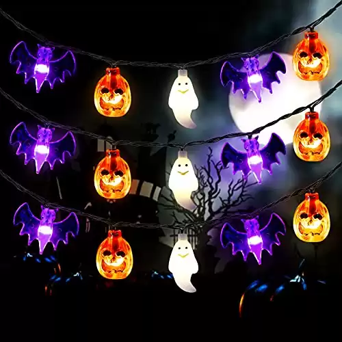 Mosoan Halloween String Lights Battery Operated 20 Feet 30 LED 3D Pumpkin Bat Ghost Lights with Timer - 8 Light Modes Halloween Decorations Lights Indoor Outdoor Cute Halloween Party Decor (Upgrade)