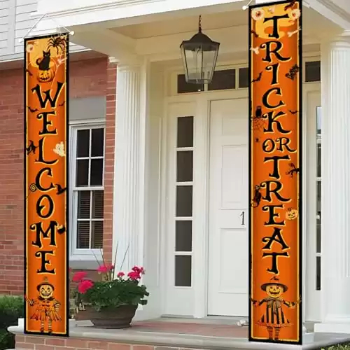 Vintage Halloween Decorations Outdoor Halloween Banner Vintage Trick or Treat Porch Sign Banner Retro Halloween Scarecrow Pumpkin Hanging Banner for Halloween Party Front Door Indoor Home Wall Decor