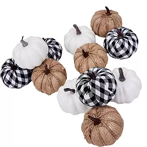 Artmag 12 Pcs Assorted Fall Artificial Pumpkins Burlap Pumpkins Faux Harvest White Pumpkins and Fabric Pumpkins for Fall Halloween Thanksgiving Party Decoration