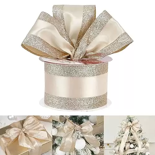 HUIHUANG Champagne Gold Wired Satin Ribbon with Glitter Stripe Edges 2.5 inch, Champagne Christmas Ribbon for Tree, Bows Making, Wreath Supplies, Gift Wrapping Garland, Home Decor, Crafts -10 Yards