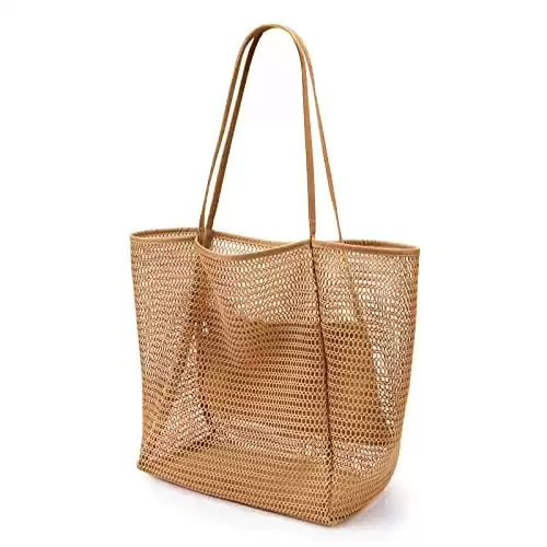 KALIDI Beach Mesh Tote Bag, Casual Tote Grocery Bag Hobo Women Foldable MAX 23L Shoulder Bag For Beach Picnic Vacation