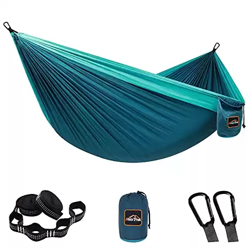 AnorTrek Camping Hammock, Super Lightweight Portable Parachute Hammock with Two Tree Straps Single or Double Nylon Travel Tree Hammocks for Camping Backpacking Hiking, Blue&dark Blue