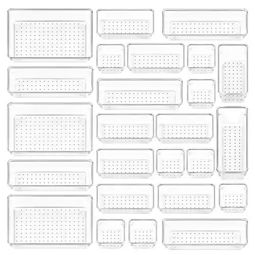 Vtopmart 25 PCS Clear Plastic Drawer Organizers Set, 4-Size Versatile Bathroom and Vanity Drawer Organizer Trays, Storage Bins for Makeup, Bedroom, Kitchen Gadgets Utensils and Office