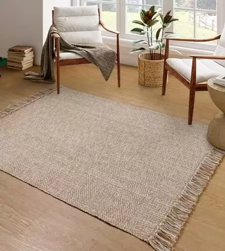 Collive Comfy Area Rug 4' x 6', Tan/Cream Woven Cotton Bedroom Rugs, Modern Indoor Accent Rug Floor Carpet with Tassel for Living Room, Nursery Room, Dining Room, Bedside, Office, Patio Deco...