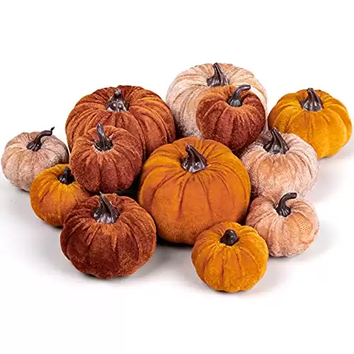 Whaline 12Pcs Fall Artificial Pumpkins 3 Sizes Fake Velvet Pumpkin Orange Brown Khaki Small Foam Pumpkin Autumn Table Centerpiece for Fall Harvest Thanksgiving Halloween Party Decoration