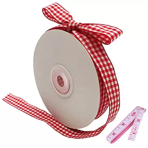 Red and White Gingham Ribbon, 5/8" x 25Yd Roll Picnic Craft Ribbon Red Buffalo Ribbon for Crafts Hair Accessories Craft and Christmas Gift Wrapping,5/8 Inch Polyester Woven Edge +60" Tape Me...