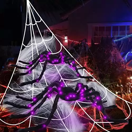 BEIGUO 50" Halloween Light up Spider (2 Pack) with 200" Spider Web Scary Giant Halloween Spider for Indoor Outdoor Halloween Decorations Party Yard Home House Décor