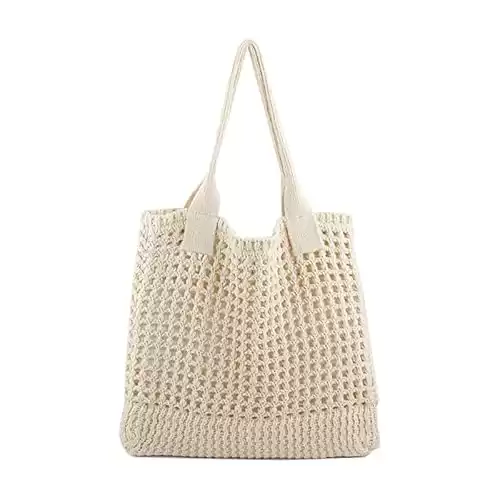 ENBEI Womens Large Beach Tote Bags Shoulder Handbags knit bag Tote bag aesthetic for Beach Crocheted tote cute Tote bags (white)