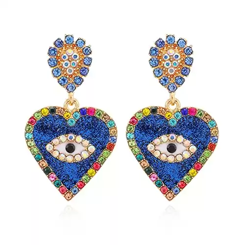 FOESSD Evil Eye Earrings for Women - Blue Heart Earrings Vintage Earrings Colorful Cubic Zirconia Retro Studs Statement Jewelry Valentine Birthday Gifts for Girls Girlfriend Wife