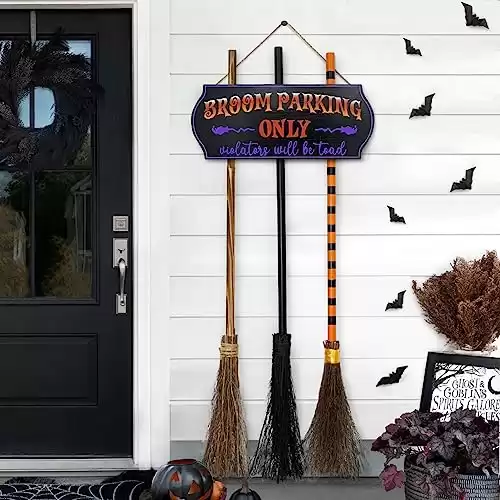 Halloween Decorations - Halloween Decor - Broom Parking Sign with 3 Wooden Witches Brooms - Hocus Pocus Cute Decoration Clearance for Front Porch Wall Home Office Indoor Outdoor