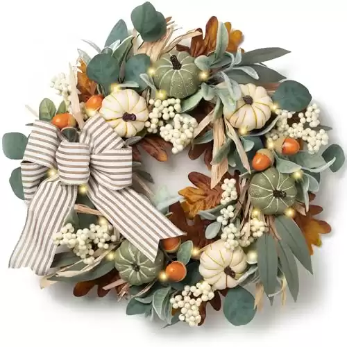 Valery Madelyn Fall Door Wreaths Decorations for Home, 20 inch Farmhouse Pumpkin Wreath with Bow for Eucalyptus Autumn Wreaths for Front Door Outside Table Centerpiece Thanksgiving Harvest Decor