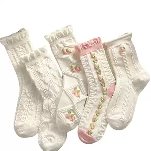 Donloise Fairycore Floral Socks 5 Pairs Embossed Crimped Socks Aesthetic Elastic Casual Socks Ruffle Ankle Socks Accessories