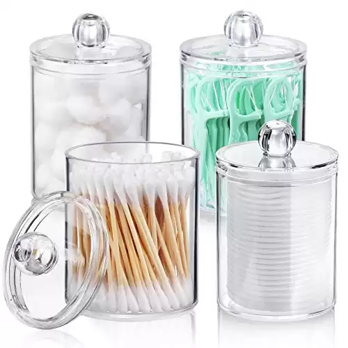 4 PACK Qtip Holder Dispenser for Cotton Ball, Cotton Swab, Cotton Round Pads, Floss Picks - Small Clear Plastic Apothecary Jar Set for Bathroom Canister Storage Organization, Vanity Makeup Organizer