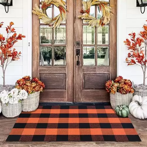 Orange and Black Plaid Rug, 28" x 43" Fall Outdoor Front Door Decor Mat, Cotton Washable Hand-Woven Rug for Layered Doormat, Autumn Halloween Thanksgiving Carpet for Porch, Entryway