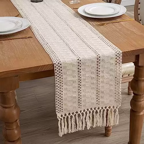 Macrame Table Runner 72 Inches Long, Rustic Farmhouse Table Runners with Tassels, Hand Woven Cotton Table Runner for Boho Dining Table Party Decoration