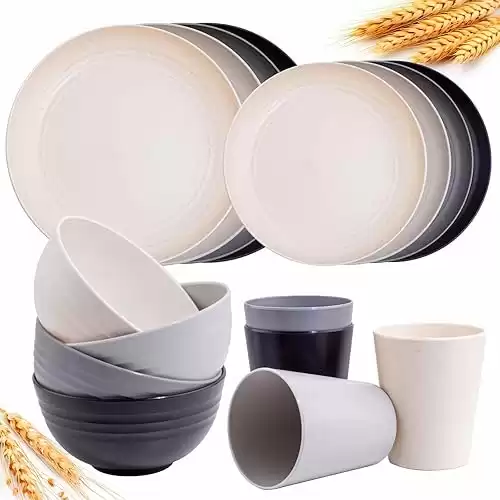 Rubtlamp 16Pcs Wheat Straw Dinnerware Set, Microwave Plates,Reusable Plastic Dishes Set of 4,Unbreakable Plates and Bowls sets Include Dinner Plate,Dessert Plate,Cereal Bowls,Cups for Mother's Da...