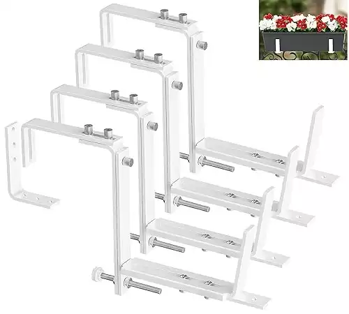 Y&M 4 Pack Deck Railing Adjustable Planter Box Brackets (6 to 12.5 in), Universal Window Box Brackets, Heavy Duty Iron Flower Box Wall Mounting Hooks for Balcony, Fences, Patio, and Garden - White