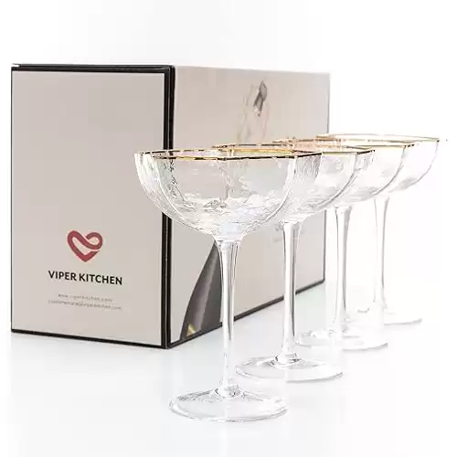 Champagne Coupe Glasses Set of 4 - Cocktail Glassware with Art Deco Gold Rim for Vintage Martini, Manhattan, or Daiquiri - Speakeasy Style Glass 5 oz