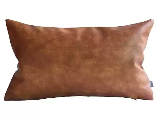 Kdays Thick Brown Faux Leather Lumbar Pillow Cover Cognac Leather Decorative Throw Pillow Case Farmhouse Rectangular Sofa Couch Cushion Covers Modern Minimalist Vegan Pillow Cover 12x20 Inches