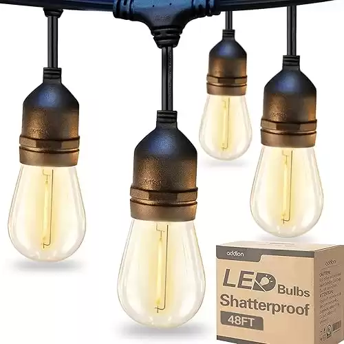 addlon LED Outdoor String Lights 48FT with Edison Vintage Shatterproof Bulbs and Commercial Grade Weatherproof Strand - ETL Listed Decorative Lights for Patio Garden