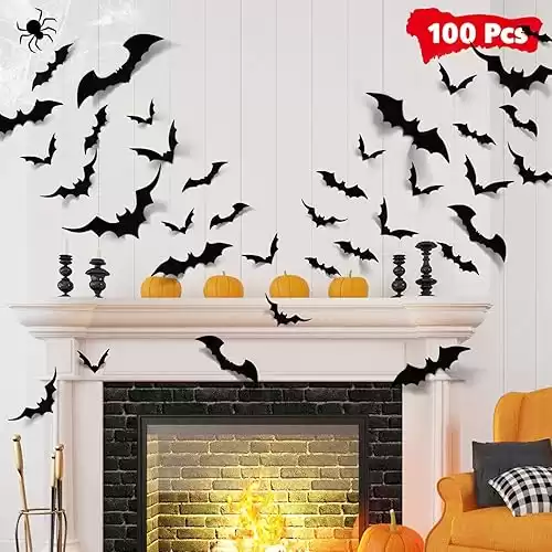 Bats Halloween Decorations: Halloween Bats Wall Decor 100pcs Bats Wall Decals PVC 3D Wall Bats Scary Stickers Halloween Party Decorations Indoor Outdoor DIY Home Window Door Halloween Decor