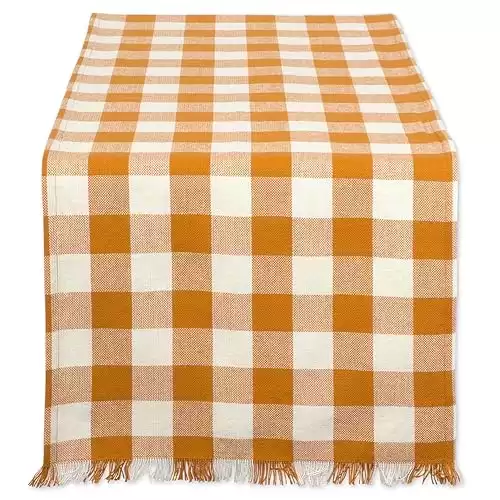 DII Heavyweight Fringed Check Tabletop Collection, Table Runner, 14x108, Pumpkin Spice