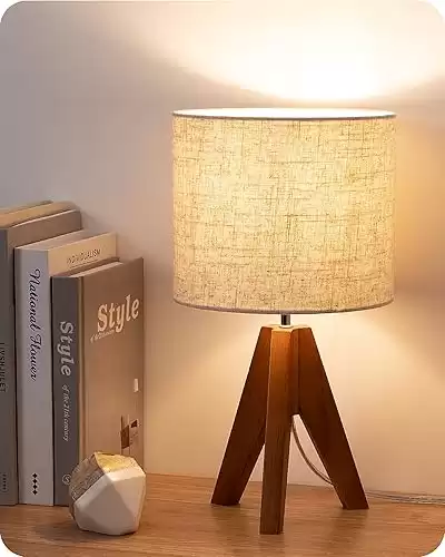 EDISHINE Tripod Table Lamp, Small Cute Bedside Lamp with Linen Beige Lampshade, Nightstand Lamp for Nursery, Bedroom, Kid Room, Living Room, Light Brown Wooden Base, E26 Socket, 14.2 Inch