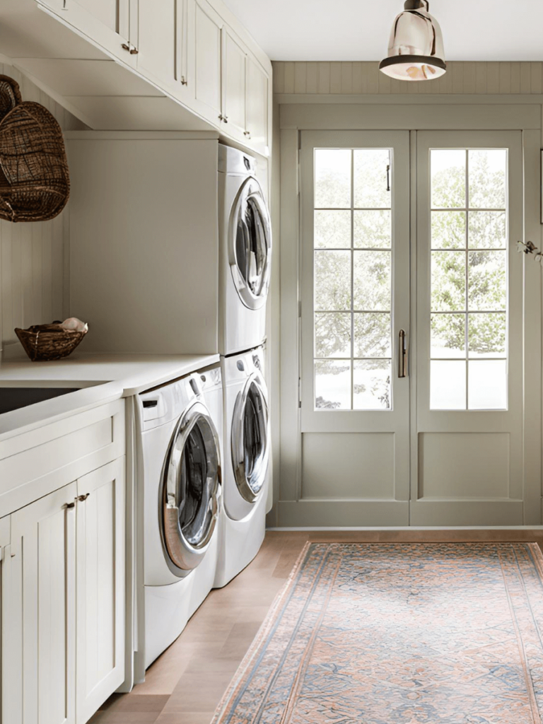 Add a laundry room rug to make standing and folding clothes or loading clothes more comfortable.