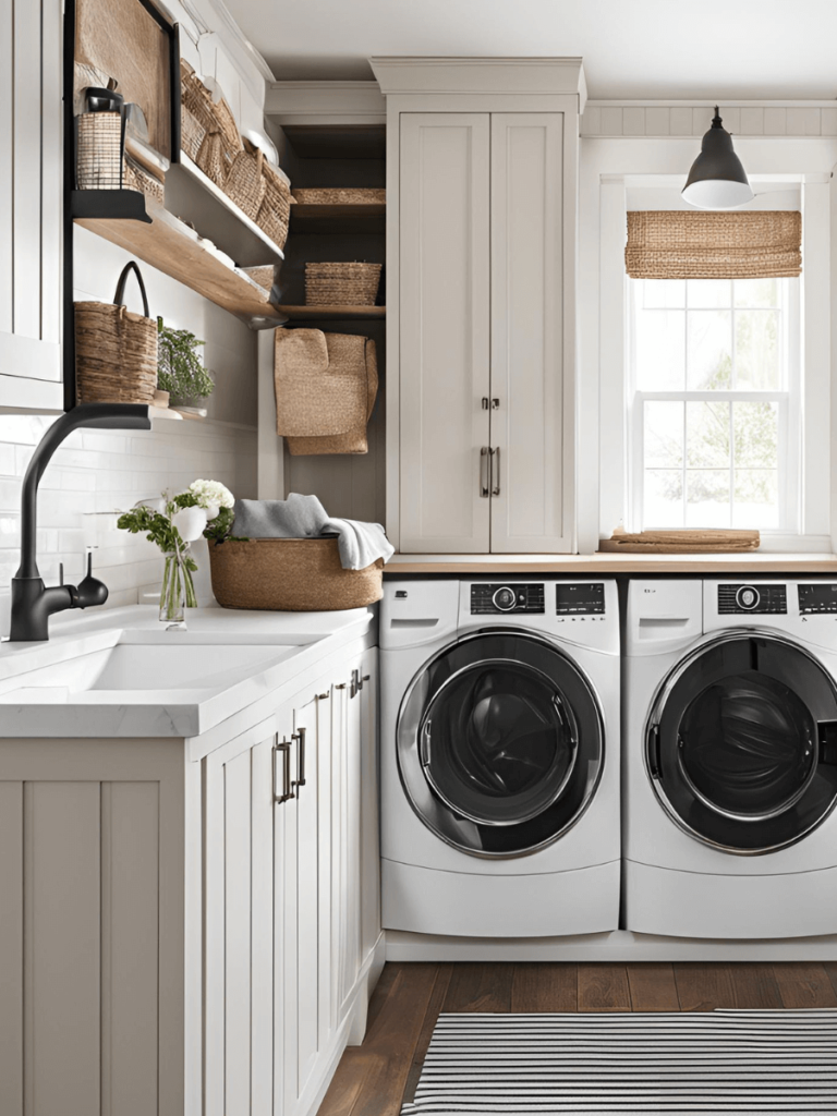 Add a neutral color palette for a more calming look in your laundry area.