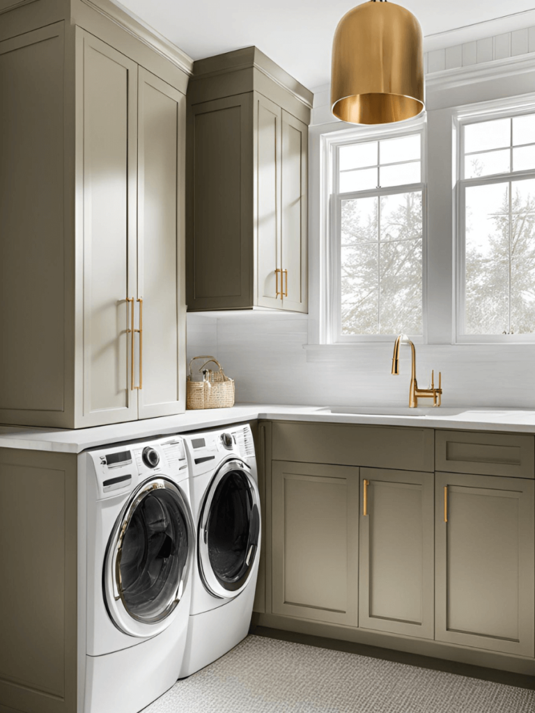 Add gold accents on things like a light fixture or utility sink faucet to give the room an elevated look.