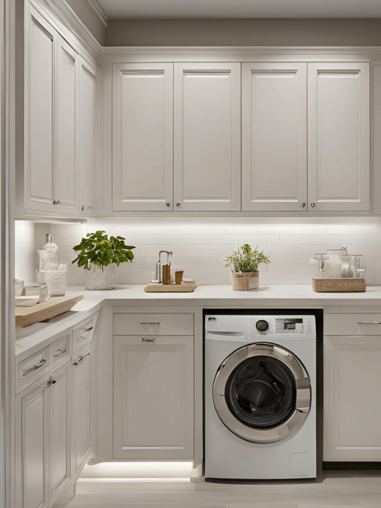 Add under cabinet lights for a more elevated look and home design in your laundry room.