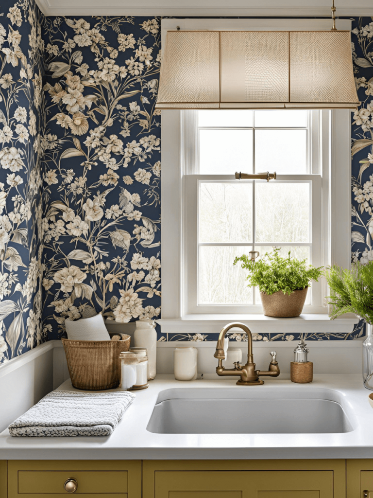 Create a more vintage look with older styles of laundry room wallpaper such as ornate florals or checkerboard prints.